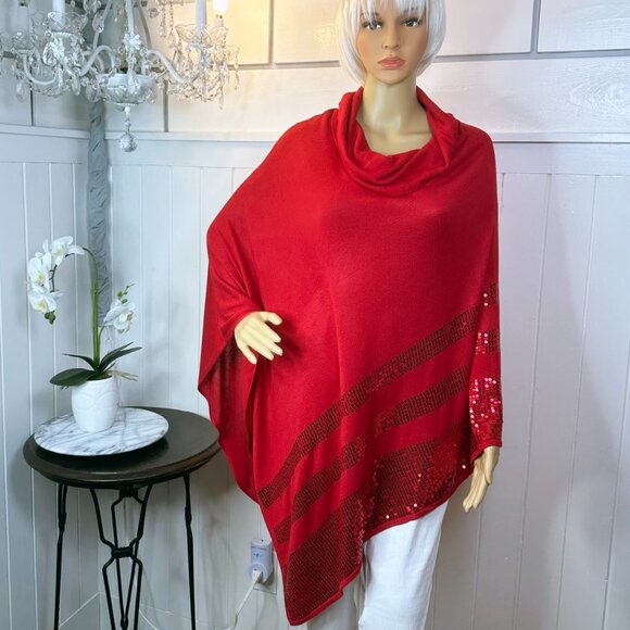 Allison Daley Red Sequin trimmed Cowl Neck Poncho XL Holiday Christmas Party - Picture 1 of 10